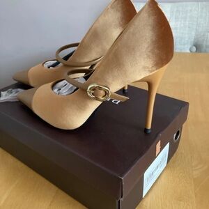 Tan Satin Mary Jane Stiletto Heels with Gold Buckle